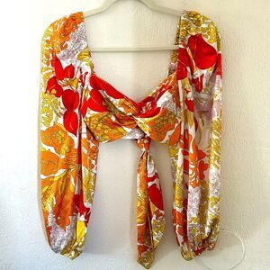 Hello Crop Top Long Sleeve Boho Chic Floral 70s Style Size XS Pillow Sleeves